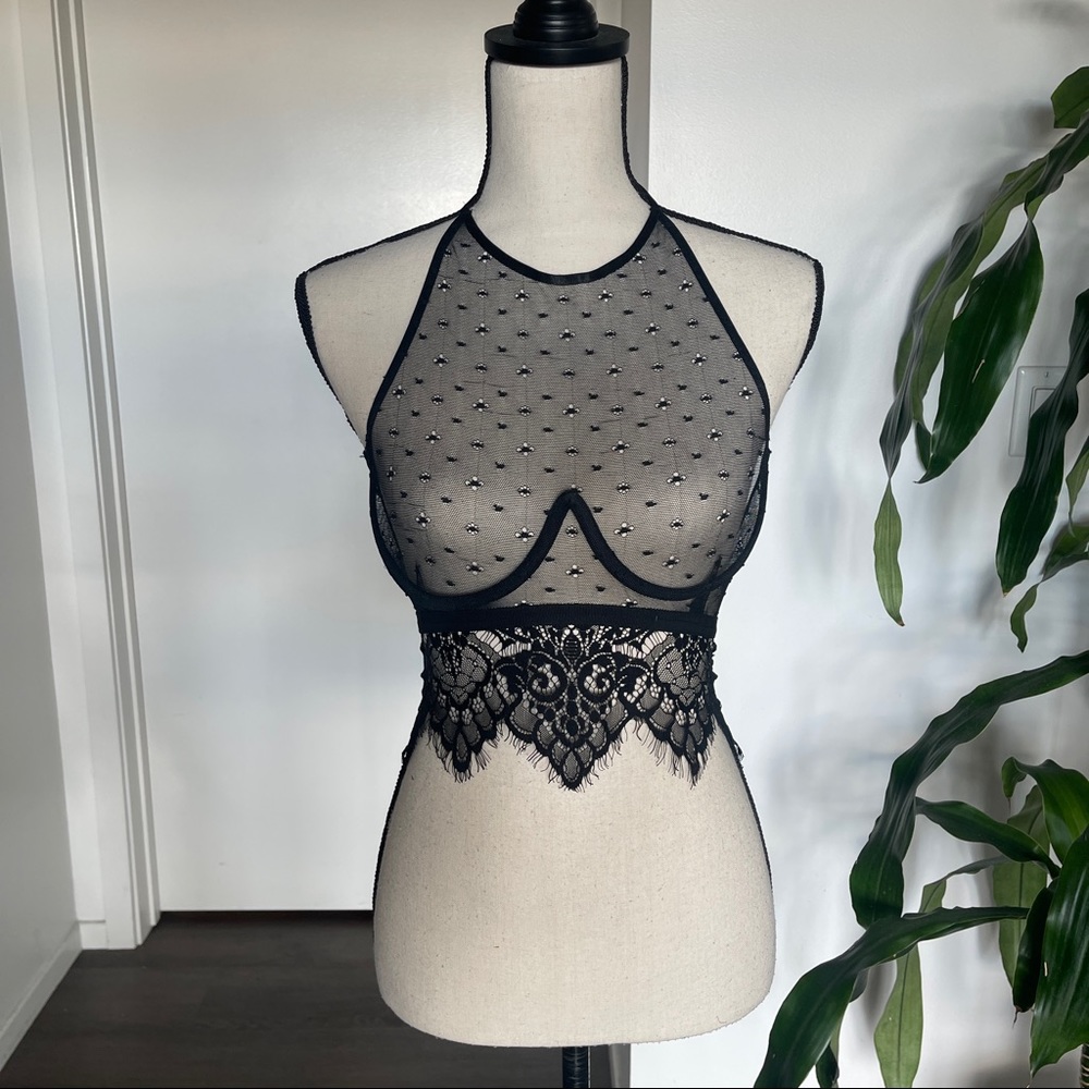 SOLD🔥 For Love & Lemons eyelet polka dot lace lingerie wire halter bra black